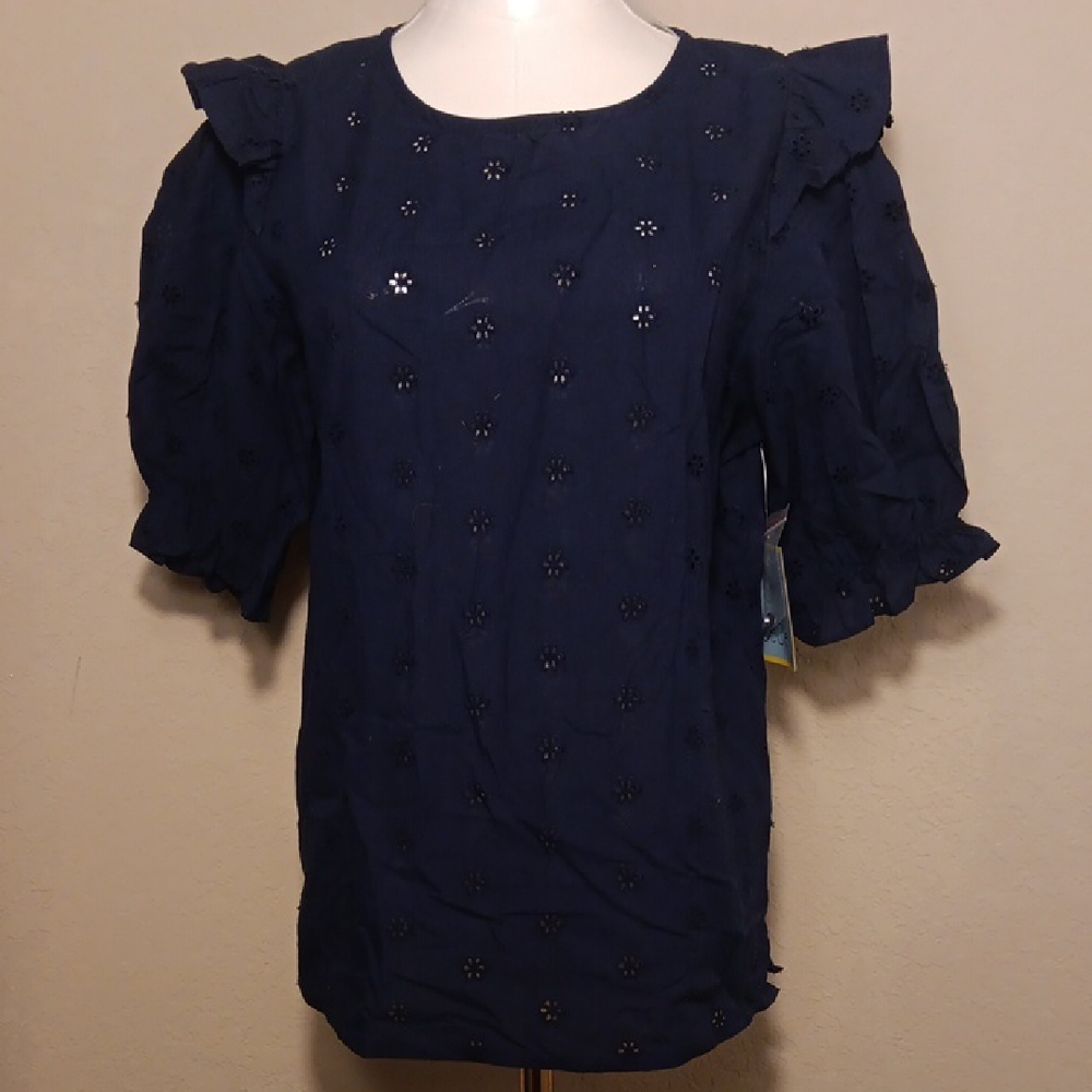 NWT. CeCe Navy Blue Blouse With All Over Eyelet Details And Puffy Ruffle Sleeves